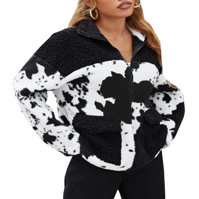 EARKOHA Womens 2026 Winter Coat Cow Print Fashion Zip Up Faux Fur Sherpa Jacket Warm Fleece Oversized Outwear with Pockets Black XL