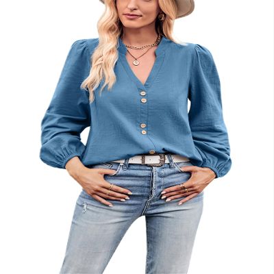 Pluto & Fox Women's Long Sleeve Tops Casual V Neck Button Loose Pullover Tunics (US, Alpha, Medium, Regular, Regular, Blue)