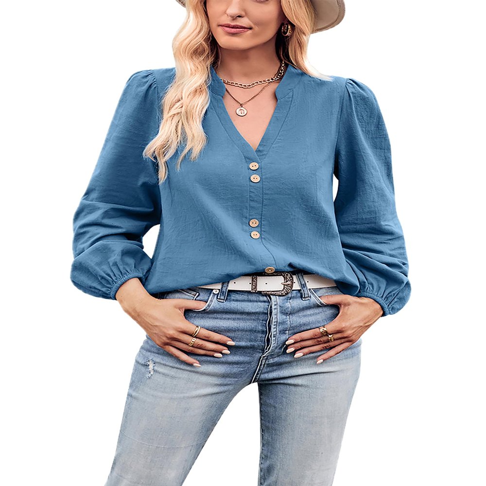 Pluto & Fox Women's Long Sleeve Tops Casual V Neck Button Loose Pullover Tunics (US, Alpha, Medium, Regular, Regular, Blue)
