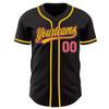 Custom Name Team Name Number Black Pink Pinstripe Pink-Yellow Authentic Women Baseball Jersey, Personalized Customized Button Down Baseball Team Shirts. view 1