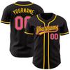 Custom Name Team Name Number Black Pink Pinstripe Pink-Yellow Authentic Women Baseball Jersey, Personalized Customized Button Down Baseball Team Shirts. view 2