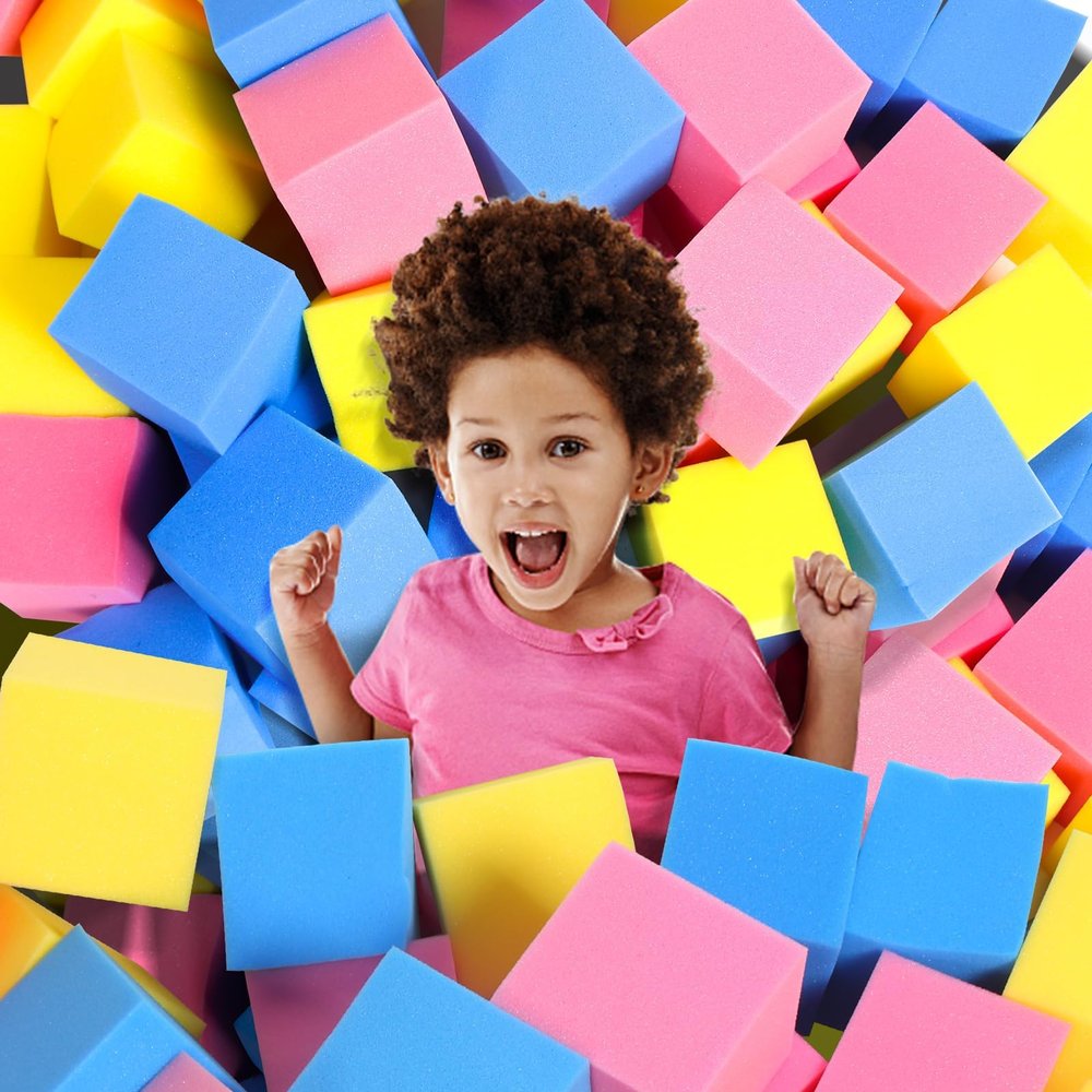 TAYUQEE Foam Pit Cubes - 36 PCS 5 Inches Gymnastics Foam Blocks Trampoline Blocks, Multi-Sport Protective Padding for Gymnastics, Trampoline, Parkour, Skate Parks & BMX- Pink & Yellow & Dark Blue