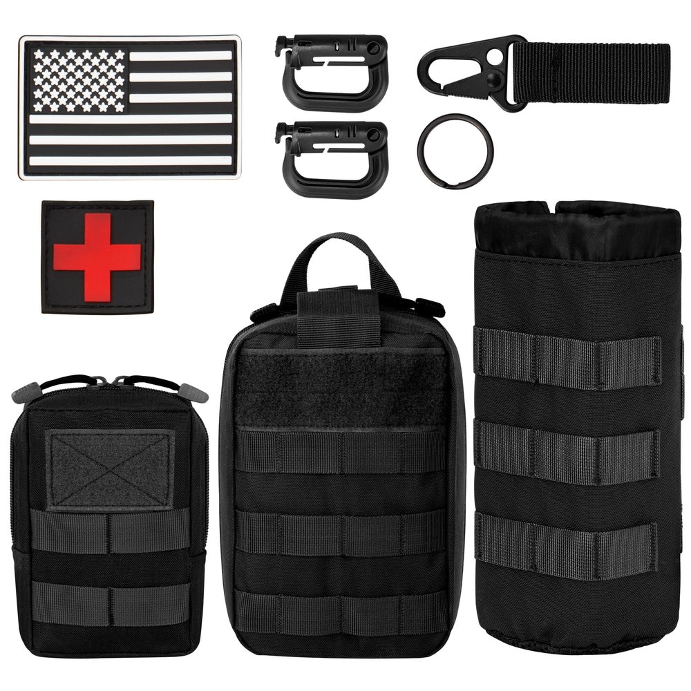 Bombrooster 9 Pcs Tactical Molle Pouches Set, Drawstring Water Bottle Bag, EDC, Medical, Waist, Phone Pouch with Essential Molle Accessories for Outdoor Enthusiasts