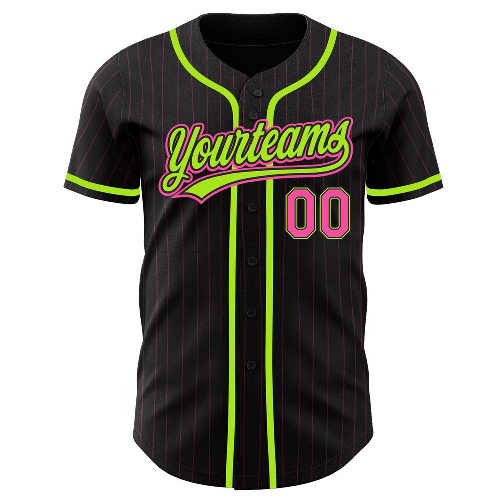Custom Name Team Name Number Black Pink Pinstripe Pink-Neon Green Authentic Women Baseball Jersey, Personalized Customized Button Down Baseball Team Shirts.