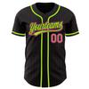 Custom Name Team Name Number Black Pink Pinstripe Pink-Neon Green Authentic Women Baseball Jersey, Personalized Customized Button Down Baseball Team Shirts. view 1