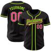 Custom Name Team Name Number Black Pink Pinstripe Pink-Neon Green Authentic Women Baseball Jersey, Personalized Customized Button Down Baseball Team Shirts. view 2