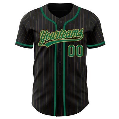 Custom Name Team Name Number Black Old Gold Pinstripe Kelly Green Authentic Women Baseball Jersey, Personalized Customized Button Down Baseball Team Shirts.