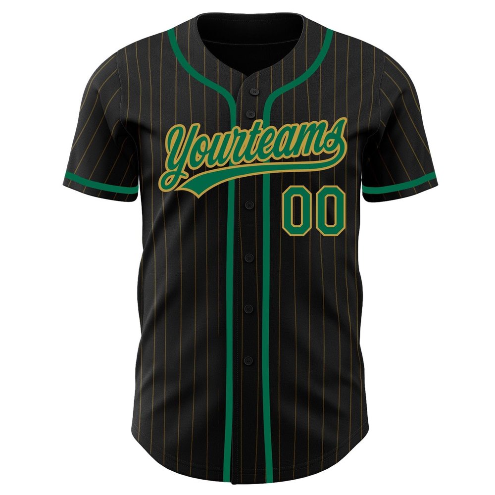 Custom Name Team Name Number Black Old Gold Pinstripe Kelly Green Authentic Women Baseball Jersey, Personalized Customized Button Down Baseball Team Shirts.