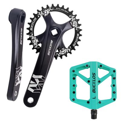 BUCKLOS MTB 170mm Square Taper Crankset, 104 BCD Mountain Bike Narrow Wide Tooth Chainring 32T, Single Speed Round Black Chainring and CrankMTB Road BikeLight Green Lightweight Pedals