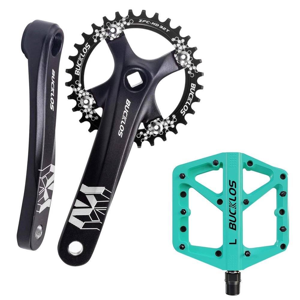 BUCKLOS MTB 170mm Square Taper Crankset, 104 BCD Mountain Bike Narrow Wide Tooth Chainring 32T, Single Speed Round Black Chainring and CrankMTB Road BikeLight Green Lightweight Pedals