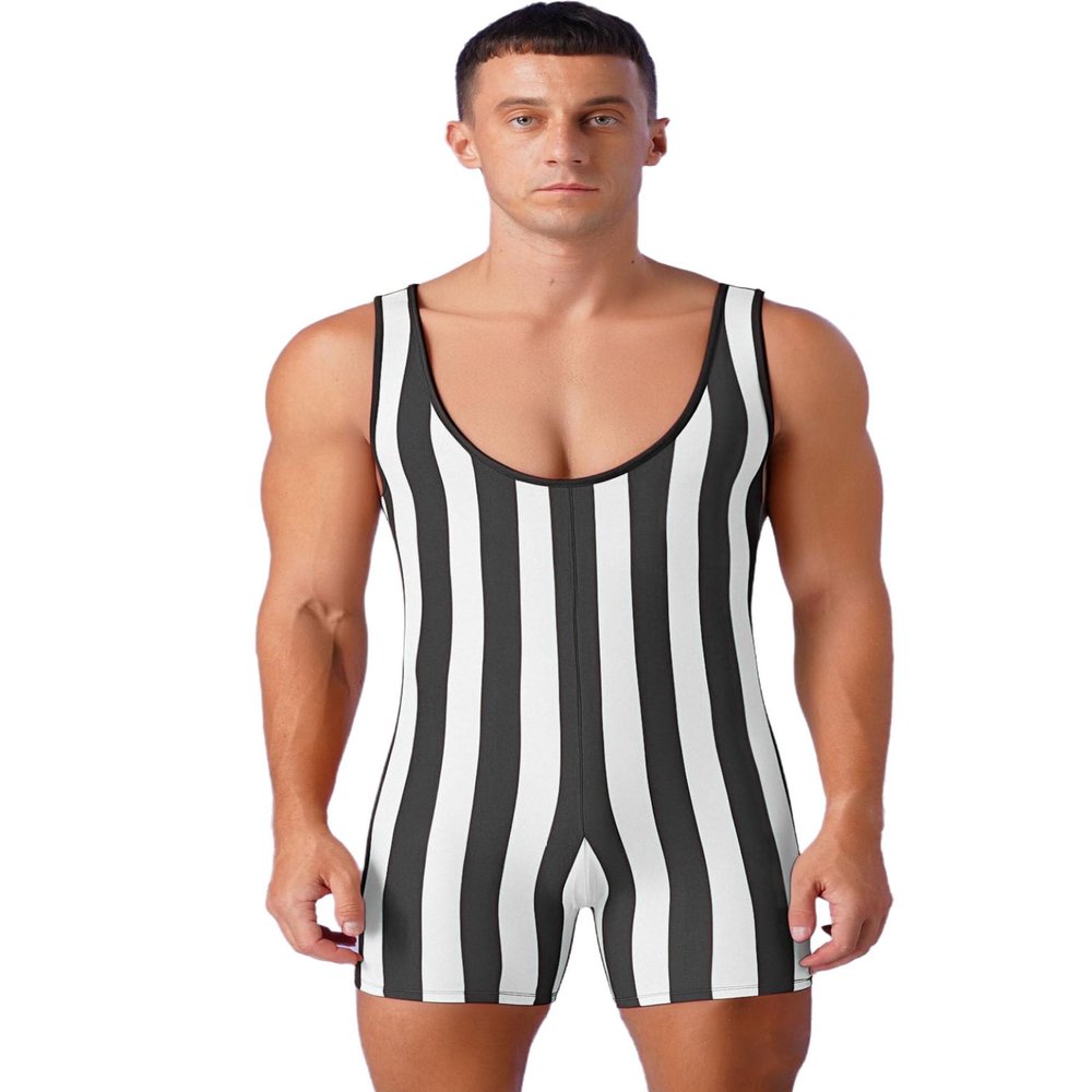 Jugaoge Mens Striped Wrestling Singlet Boxer Bodysuit Stretchy Leotard Shapewear Short Jumpsuit Black Small