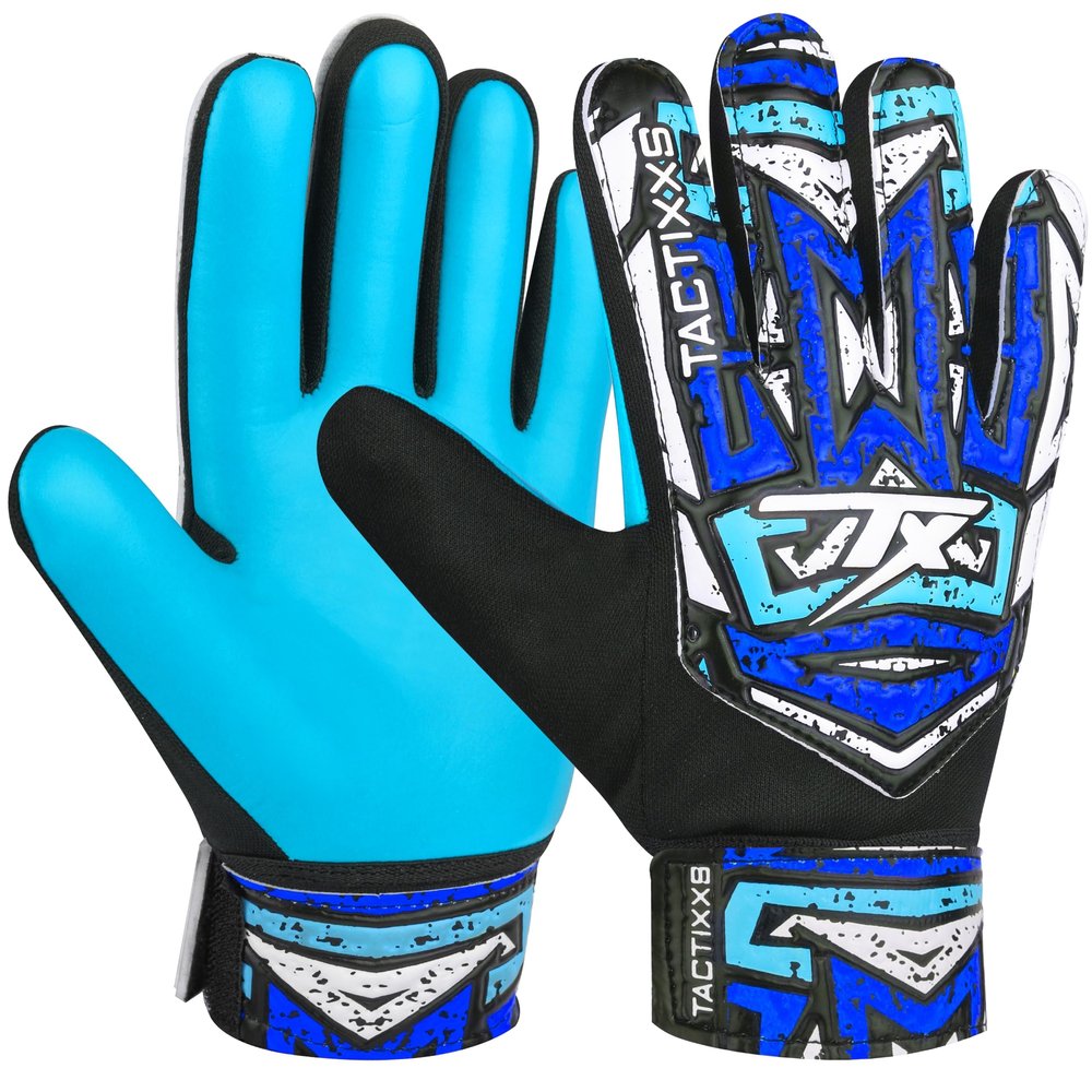 TACTIXXS Soccer Goalkeeper Gloves for Kids Boys Children Youth, Funky Football Goalie Gloves Anti Slip 4mm Latex Palm with Strong Grip (Cyan Blue, Size 5 Suitable for 9-12 Years)