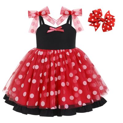 ABEWIP Baby Girls Sleeveless Tulle Dress Polka Dots Ruffle Princess Toddler Layered Tutu Dress with Hair Bow Polka Dots Red 18-24 Months