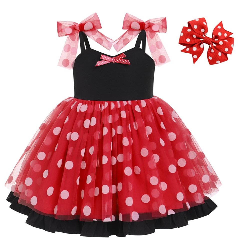 ABEWIP Baby Girls Sleeveless Tulle Dress Polka Dots Ruffle Princess Toddler Layered Tutu Dress with Hair Bow Polka Dots Red 18-24 Months