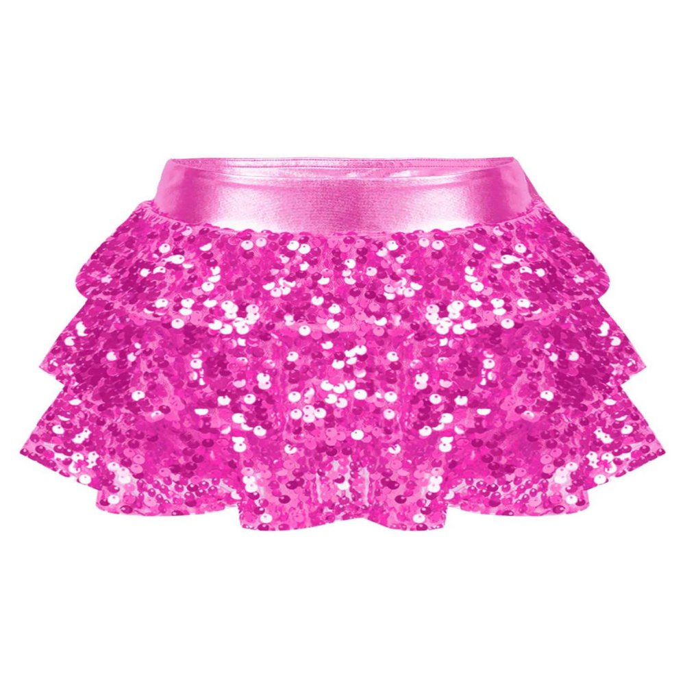winying Kids Girls 3-Layers Ruffle Sequin Dance Mini Skirt Elastic Waist Sparkle Metallic Skirts for Fashion Party Hot Pink 12 Years