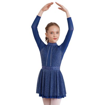 FEESHOW Girls Shiny Diamond Hollow Back Figure Ice Skating Dress Long Sleeve Mesh Splice Ballet Roller Skating Dress Navy Blue 16 Years