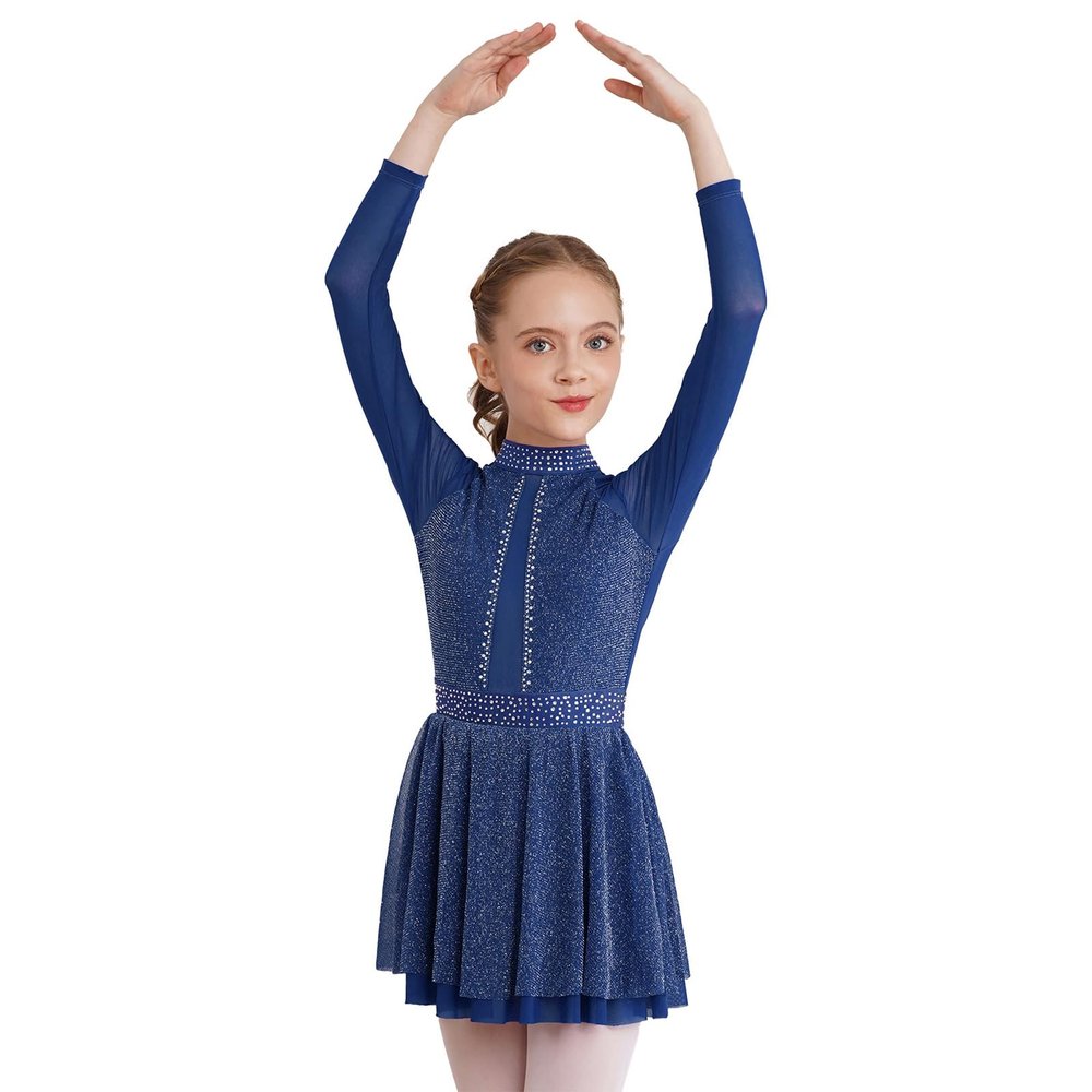 FEESHOW Girls Shiny Diamond Hollow Back Figure Ice Skating Dress Long Sleeve Mesh Splice Ballet Roller Skating Dress Navy Blue 16 Years