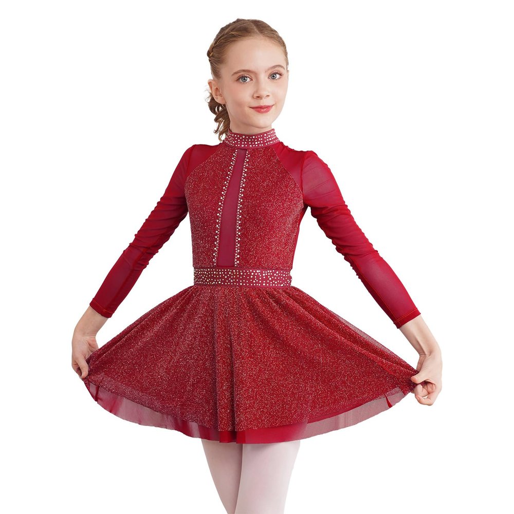 FEESHOW Girls Shiny Diamond Hollow Back Figure Ice Skating Dress Long Sleeve Mesh Splice Ballet Roller Skating Dress Burgundy 14 Years