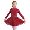 FEESHOW Girls Shiny Diamond Hollow Back Figure Ice Skating Dress Long Sleeve Mesh Splice Ballet Roller Skating Dress Burgundy 14 Years view 1