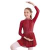 FEESHOW Girls Shiny Diamond Hollow Back Figure Ice Skating Dress Long Sleeve Mesh Splice Ballet Roller Skating Dress Burgundy 14 Years view 3
