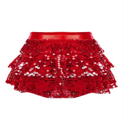 winying Kids Girls 3-Layers Ruffle Sequin Dance Mini Skirt Elastic Waist Sparkle Metallic Skirts for Fashion Party Red 12 Years