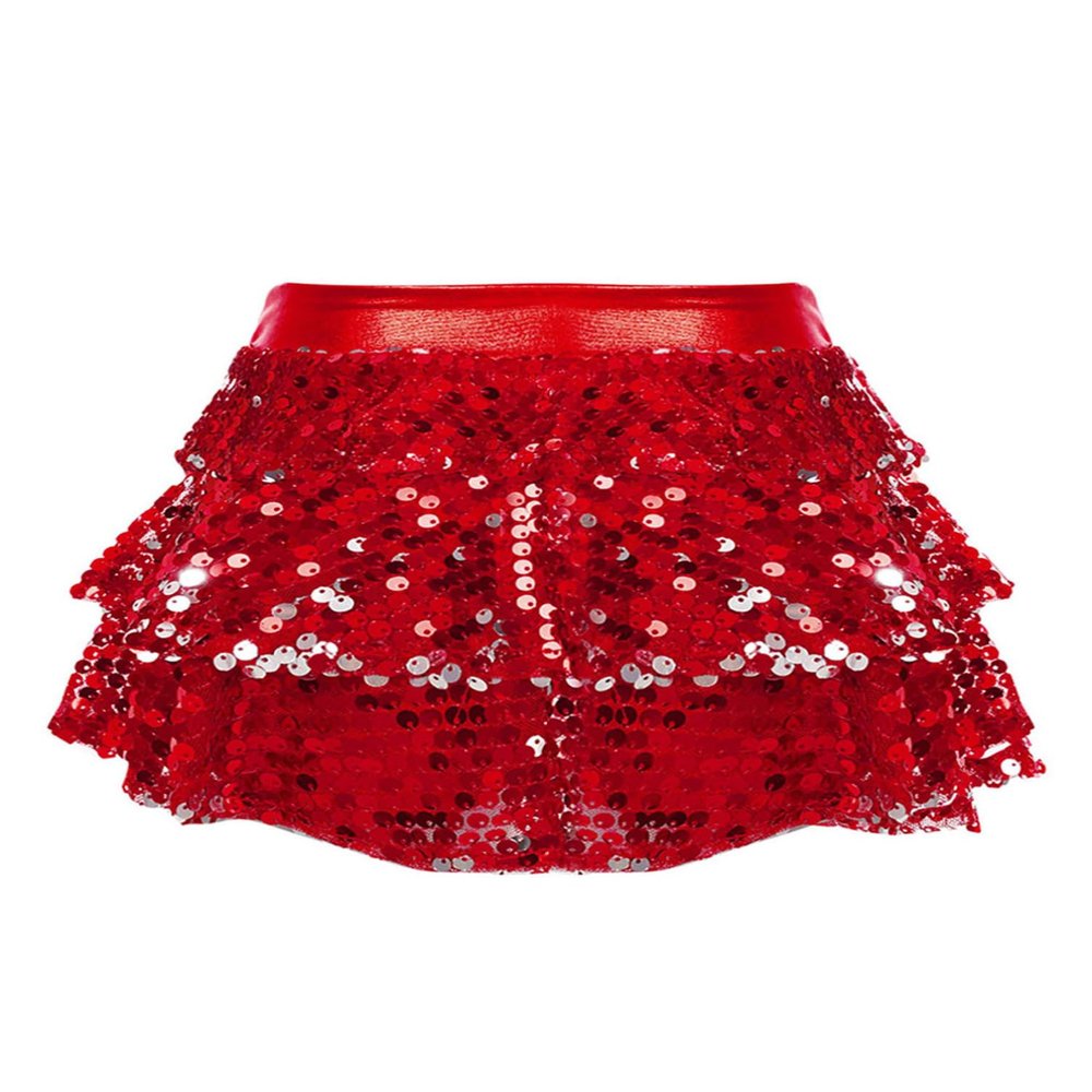 winying Kids Girls 3-Layers Ruffle Sequin Dance Mini Skirt Elastic Waist Sparkle Metallic Skirts for Fashion Party Red 12 Years