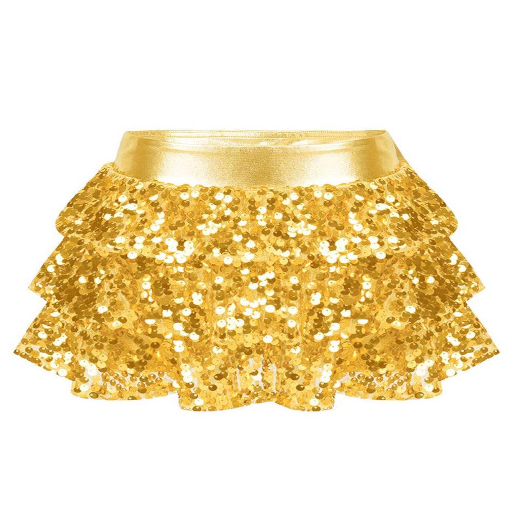 winying Kids Girls 3-Layers Ruffle Sequin Dance Mini Skirt Elastic Waist Sparkle Metallic Skirts for Fashion Party Gold 4 Years