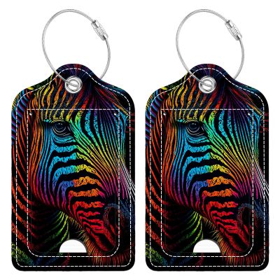 2 Pcs Luggage Tag for Suitcase, Colorful Zebra Rainbow Color Fanciful Animal Unique Leather Suitcase Tags with Full Privacy Cover Stainless Steel Loop for Women Men Travel Baggage Bag Backpack