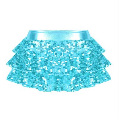 winying Kids Girls 3-Layers Ruffle Sequin Dance Mini Skirt Elastic Waist Sparkle Metallic Skirts for Fashion Party Light Blue 8 Years