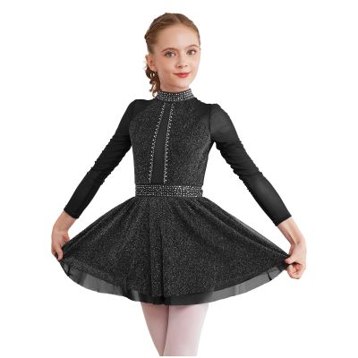FEESHOW Girls Shiny Diamond Hollow Back Figure Ice Skating Dress Long Sleeve Mesh Splice Ballet Roller Skating Dress Black 14 Years