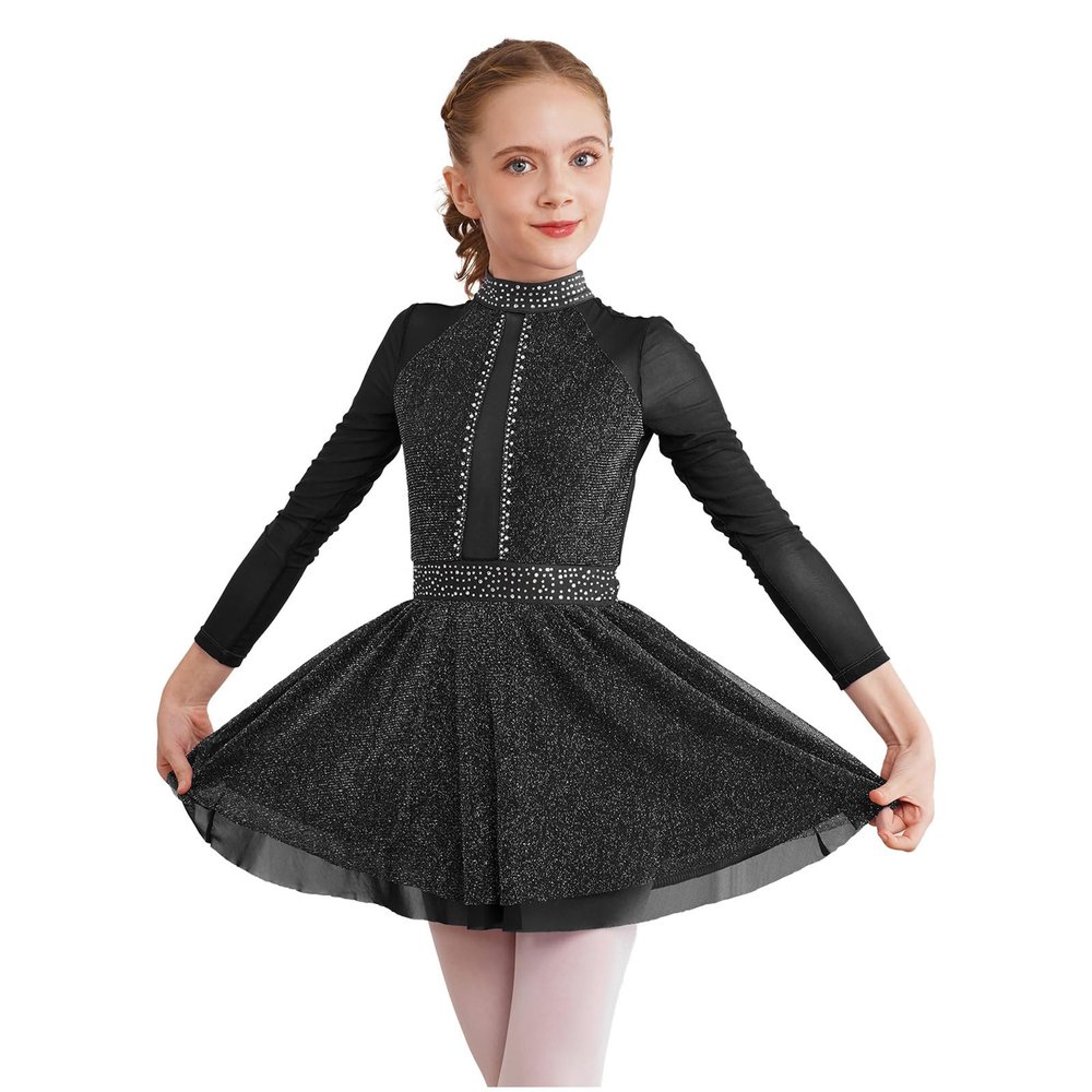 FEESHOW Girls Shiny Diamond Hollow Back Figure Ice Skating Dress Long Sleeve Mesh Splice Ballet Roller Skating Dress Black 14 Years