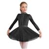 FEESHOW Girls Shiny Diamond Hollow Back Figure Ice Skating Dress Long Sleeve Mesh Splice Ballet Roller Skating Dress Black 14 Years view 1
