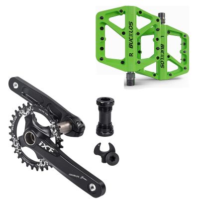 BUCKLOS 104 BCD 34T MTB Crank Set with CNC MTB Flat Pedals- Round Oval Narrow Wide Chainring Bottom Bracket Bolts and BMX Pedal Mountain Bike Pedals Flat MTB Pedals, Lightweight Nylon Fiber Road Bike