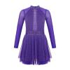 FEESHOW Girls Shiny Diamond Hollow Back Figure Ice Skating Dress Long Sleeve Mesh Splice Ballet Roller Skating Dress Purple 16 Years view 3