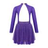 FEESHOW Girls Shiny Diamond Hollow Back Figure Ice Skating Dress Long Sleeve Mesh Splice Ballet Roller Skating Dress Purple 16 Years view 4