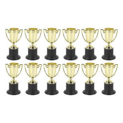 Glomora Mini Trophies Pack, 12 Gold Cup Awards, Durable Plastic for Kids Competitions, Ceremonies & Party Prizes
