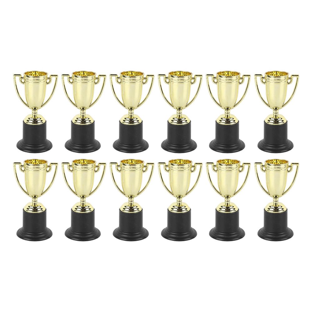 Glomora Mini Trophies Pack, 12 Gold Cup Awards, Durable Plastic for Kids Competitions, Ceremonies & Party Prizes