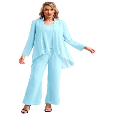 JEYPINMI Women Chiffon 3 Piece Trouser Suit Mother of The Bride Pantsuit Tank Tops Jacket Long Pant Outfits Sky Blue Large