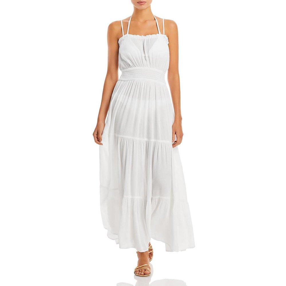 Aqua Swim Womens Smocked Tiered Cover-Up Ivory XL