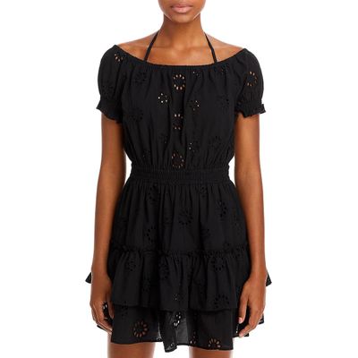 Aqua Swim Womens Cotton Peasant Cover-Up Black S