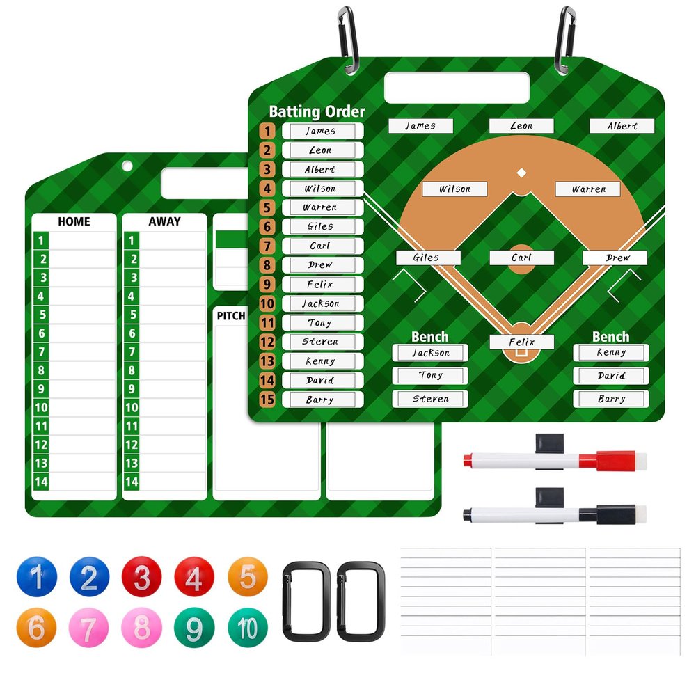 Baseball Coach Clipboard, Anglecai Double-Sided Dry Erase Baseball Lineup Board for Softball Dugout Board Baseball Coaching Board with 30 Lineup Card/ 10 Magnet/2 Marker/2 Hook (Green)