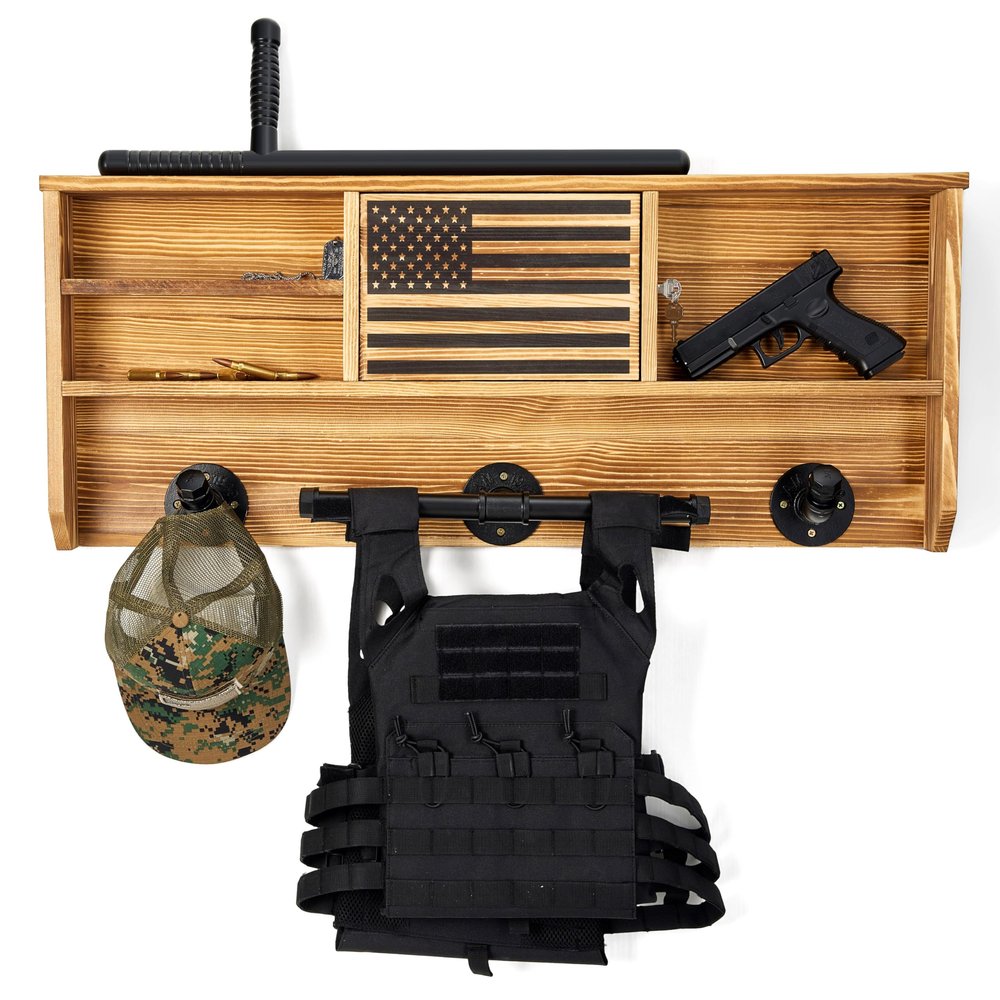 Tactical Gear Wall Mount Hanger & Hook for Motorcycle Helmets with American Flag Lock Storage, Police Gifts Gear for Father, Road Bikes, Army Gear, Helmet Holder Wall Mount Stand, Plate Carrier Rack