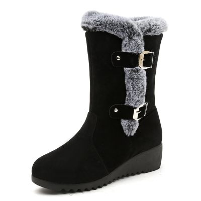 HINDOLA Women's Winter Mid-Calf Boots Buckle Fur Lined Warm Ankle Boots Anti-Slip Waterproof Outdoor Shoes Fashion Lace Up Snow Booties for Women