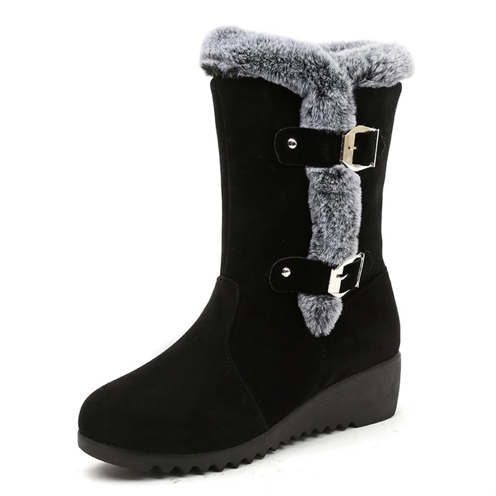 HINDOLA Women's Winter Mid-Calf Boots Buckle Fur Lined Warm Ankle Boots Anti-Slip Waterproof Outdoor Shoes Fashion Lace Up Snow Booties for Women