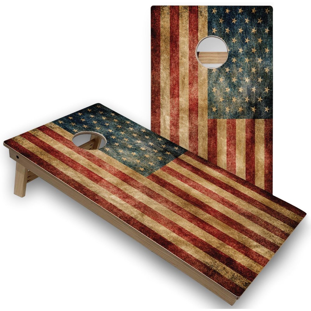 Skip's Garage American Flag Distressed Corn Hole Set - All-Weather - Include Case + Hole + Edge Lights