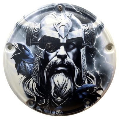 AMERICAN FREEDOM Custom Aluminum 5 Hole Twin Cam Derby Clutch Cover for Harley Davidson - Odin Hunnin Munnin (Glossy Finish, 1999-2015 Touring & Trike Models)