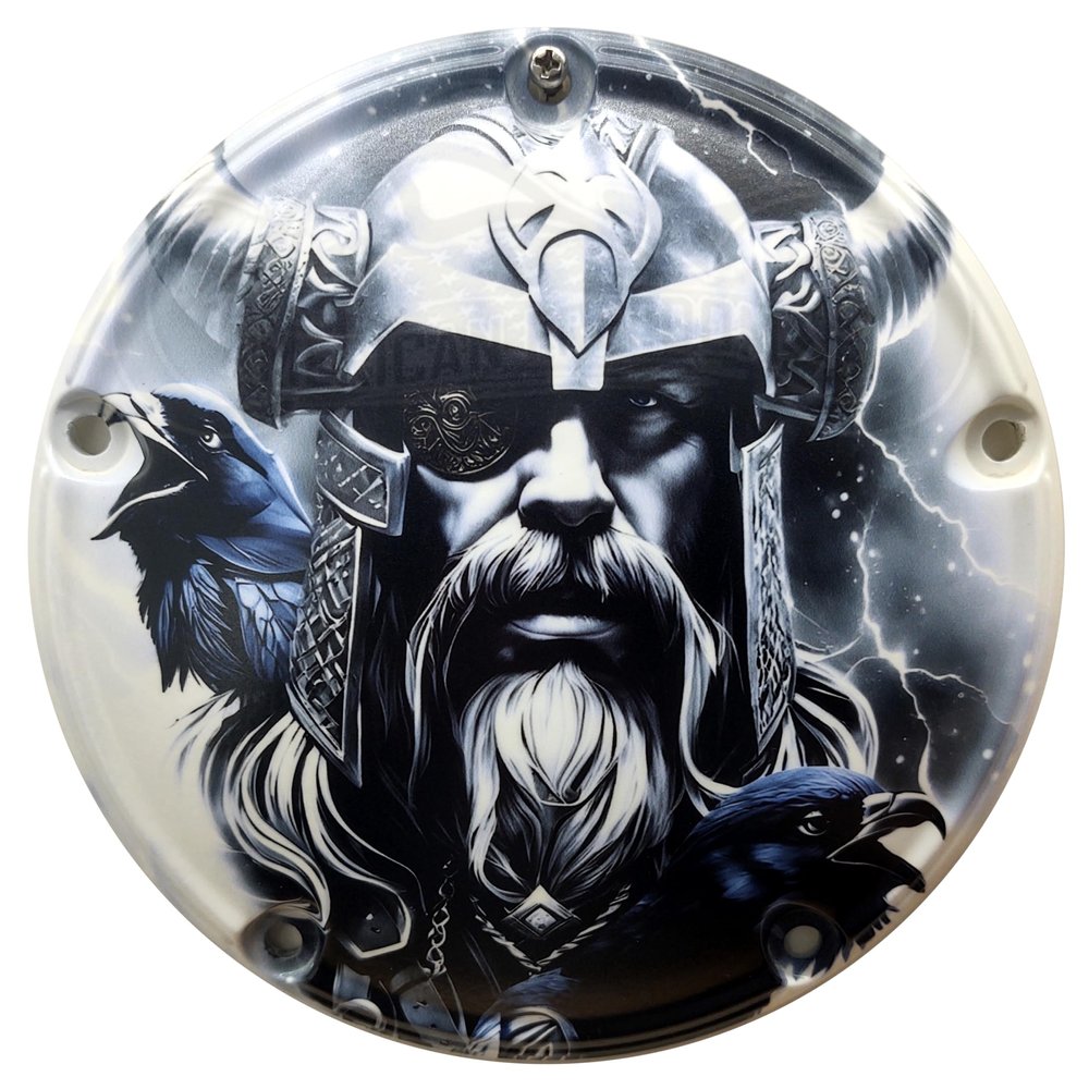AMERICAN FREEDOM Custom Aluminum 5 Hole Twin Cam Derby Clutch Cover for Harley Davidson - Odin Hunnin Munnin (Glossy Finish, 1999-2015 Touring & Trike Models)