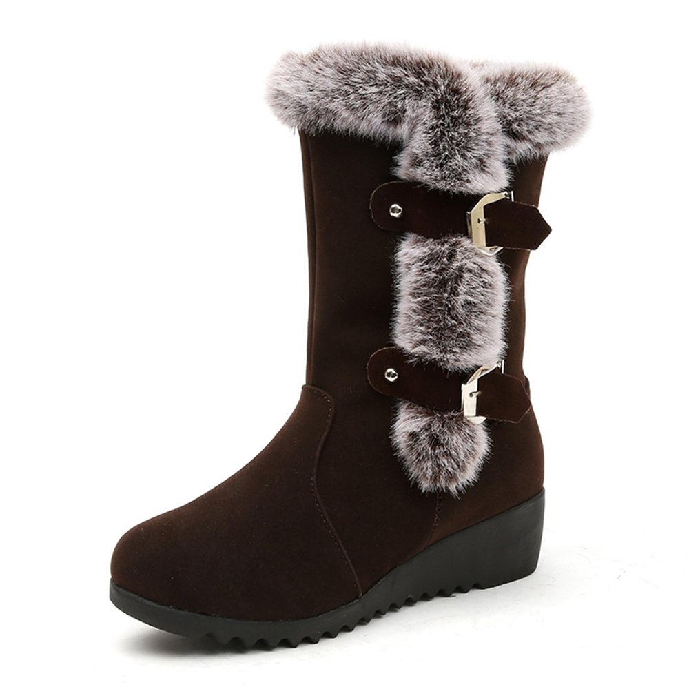 HINDOLA Women's Winter Mid-Calf Boots Buckle Fur Lined Warm Ankle Boots Anti-Slip Waterproof Outdoor Shoes Fashion Lace Up Snow Booties for Women