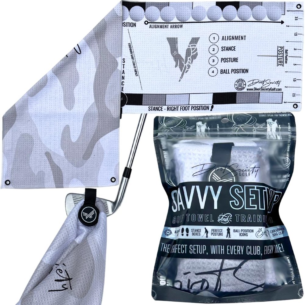 2 in 1 - Golf Training Aid & Magnetic Towel - Savvy Setup: Perfect For Golfers Looking To Improve Accuracy & Consistency Without An Instructor, Setup Perfectly & Swing With Confidence (White Camo)