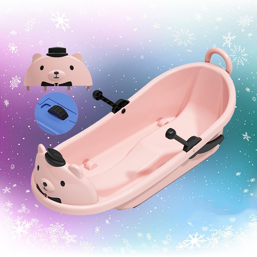 Winter Sled, Children'S Cartoon Bear Sled, Plastic Sled, Thickened Sled, Sled with Wheels Big Backrest